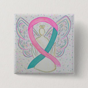 Macaron Carré 5 Cm Pins Bouton Angel rose et Turquoise de sensibilisa