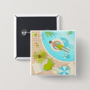 Macaron Carré 5 Cm Piscine mec sur la plage tropicale estivale vacanc