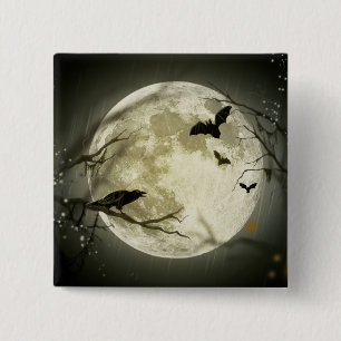 Macaron Carré 5 Cm Pleine lune avec chauves-souris et corbeau