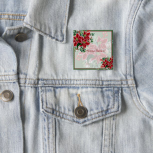 Macaron Carré 5 Cm Poinsettias lumineux et houx Noël personnalisé