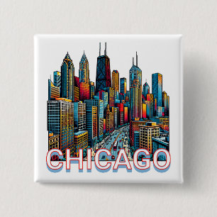 Macaron Carré 5 Cm Pop art Comic Book Chicago, Illinois Skyline