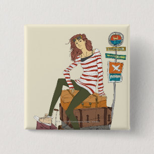 Macaron Carré 5 Cm Portrait de jeune femme se reposant sur la valise