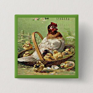 Macaron Carré 5 Cm Poules et poules vintages de Pâques dans le panier