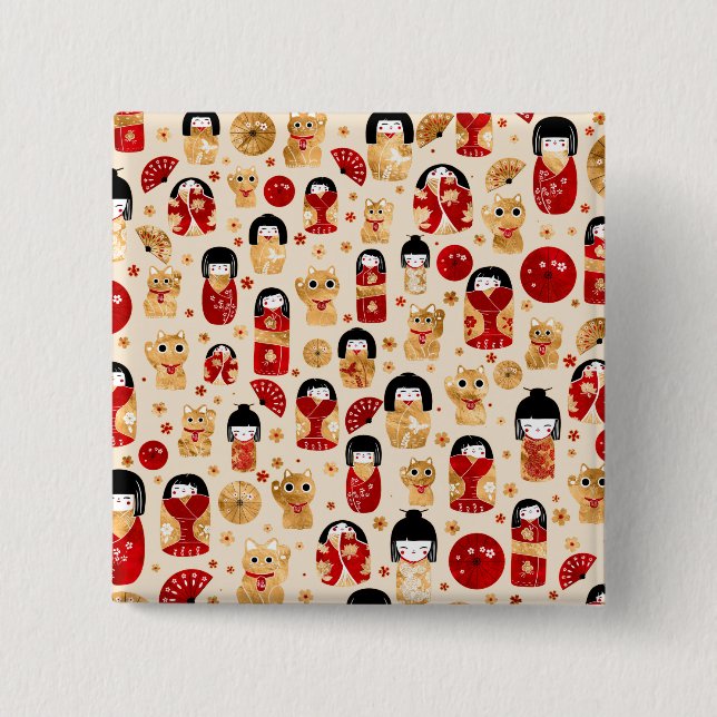 Macaron Carré 5 Cm Poupées japonaises - Chats Kokeshi et Maneki Neko (Devant)
