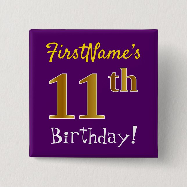 Macaron Carré 5 Cm Purple, Faux Gold 11ème Anniversaire, Avec Nom Per (Devant)