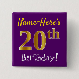 Macaron Carré 5 Cm Purple, Faux Gold 20e Anniversaire, Avec Nom Perso