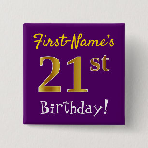 Macaron Carré 5 Cm Purple, Faux Gold 21ème Anniversaire, Avec Nom Per