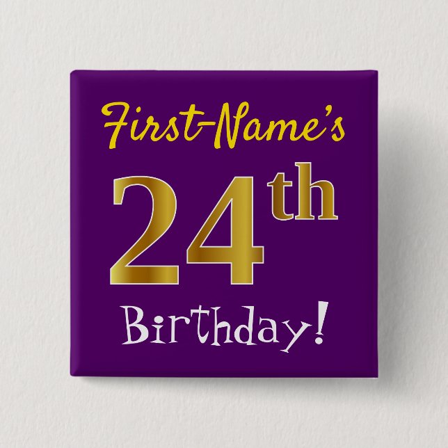 Macaron Carré 5 Cm Purple, Faux Gold 24ème Anniversaire, Avec Nom Per (Devant)