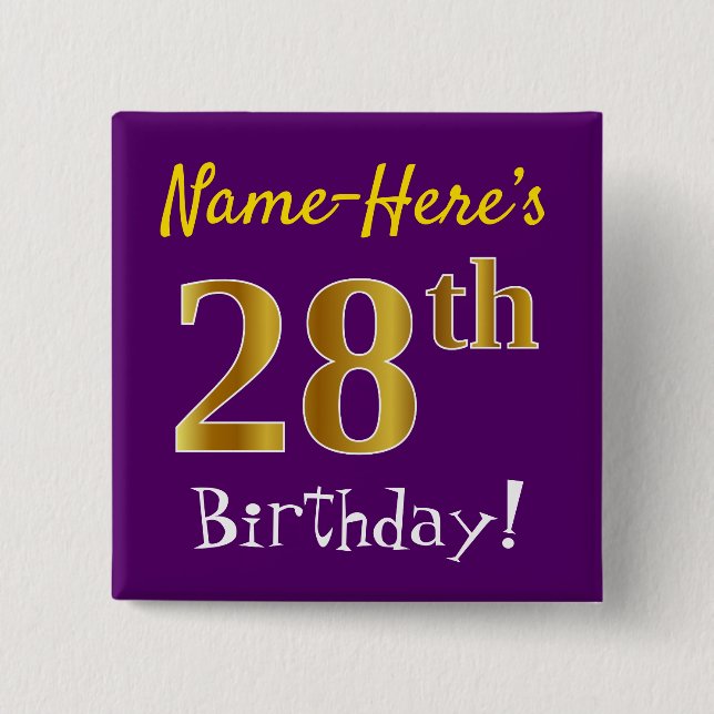 Macaron Carré 5 Cm Purple, Faux Gold 28ème Anniversaire, Avec Nom Per (Devant)