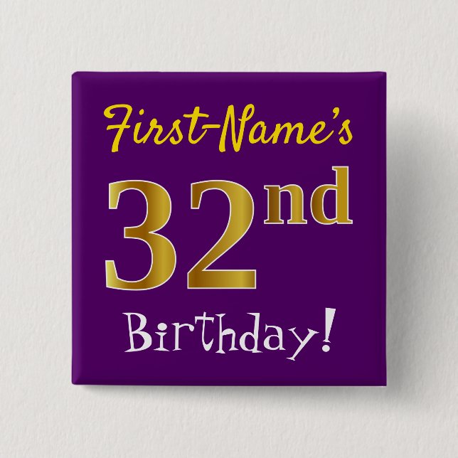 Macaron Carré 5 Cm Purple, Faux Gold 32e Anniversaire, Avec Nom Perso (Devant)