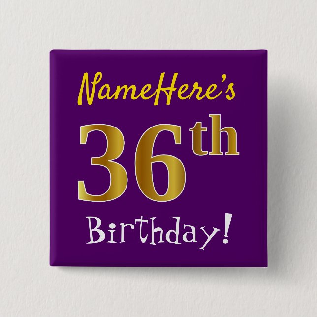 Macaron Carré 5 Cm Purple, Faux Gold 36ème Anniversaire, Avec Nom Per (Devant)