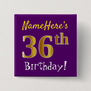 Macaron Carré 5 Cm Purple, Faux Gold 36ème Anniversaire, Avec Nom Per