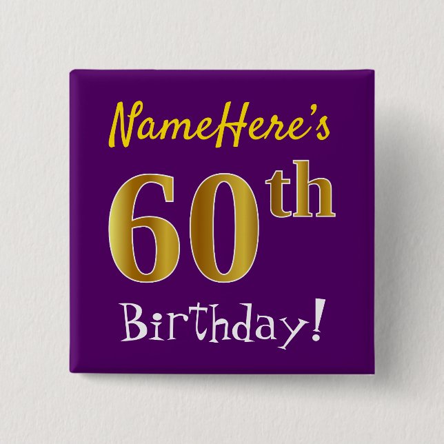 Macaron Carré 5 Cm Purple, Faux Gold 60e Anniversaire, Avec Nom Perso (Devant)