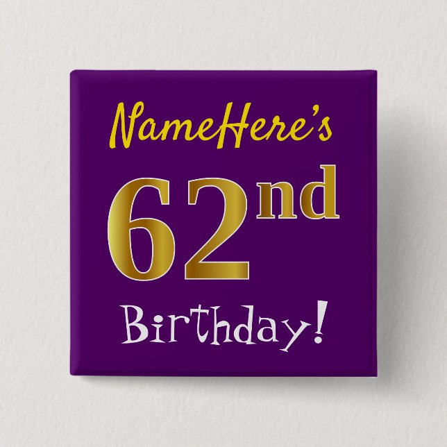 Macaron Carré 5 Cm Purple, Faux Gold 62e Anniversaire, Avec Nom Perso (Devant)