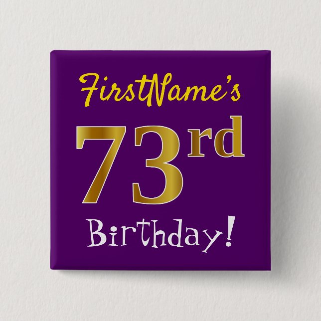 Macaron Carré 5 Cm Purple, Faux Gold 73e anniversaire, avec nom perso (Devant)