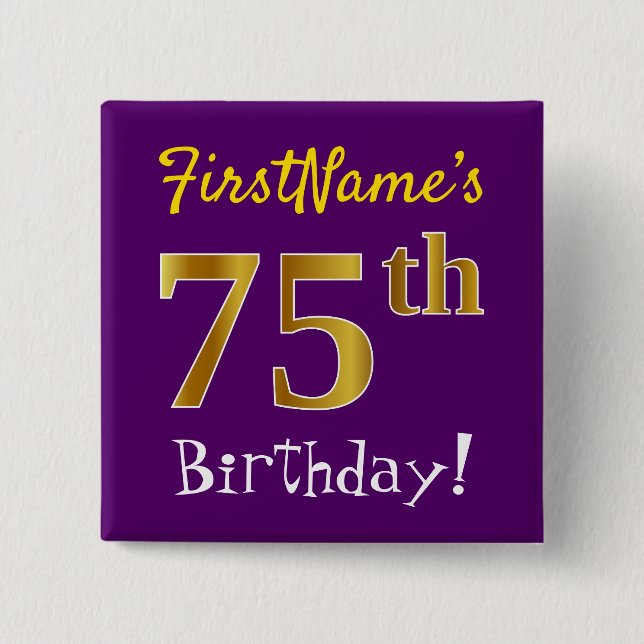 Macaron Carré 5 Cm Purple, Faux Gold 75e Anniversaire, Avec Nom Perso (Devant)