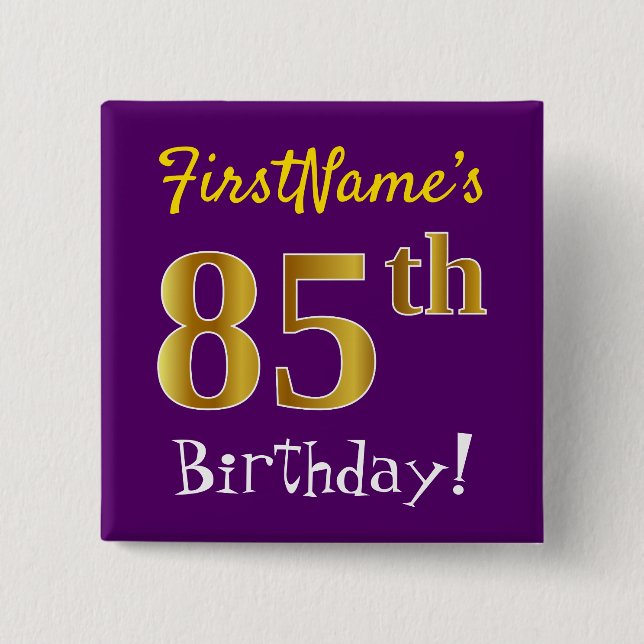 Macaron Carré 5 Cm Purple, Faux Gold 85e Anniversaire, Avec Nom Perso (Devant)