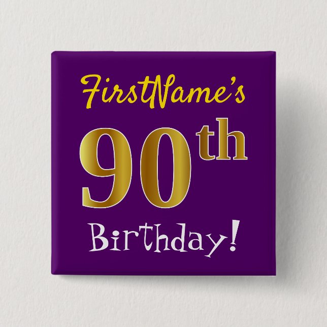 Macaron Carré 5 Cm Purple, Faux Gold 90e Anniversaire, Avec Nom Perso (Devant)