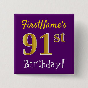 Macaron Carré 5 Cm Purple, Faux Gold 91ème Anniversaire, Avec Nom Per
