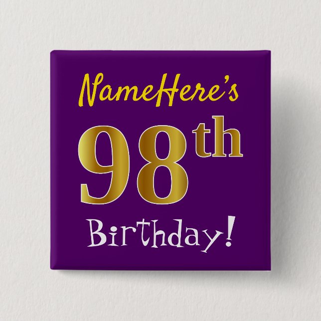Macaron Carré 5 Cm Purple, Faux Gold 98ème Anniversaire, Avec Nom Per (Devant)