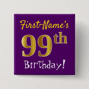 Macaron Carré 5 Cm Purple, Faux Gold 99e anniversaire, avec nom perso