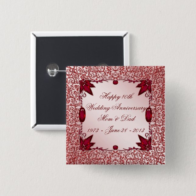 Macaron Carré 5 Cm quarantième Bouton d'anniversaire de mariage (Devant & derrière)