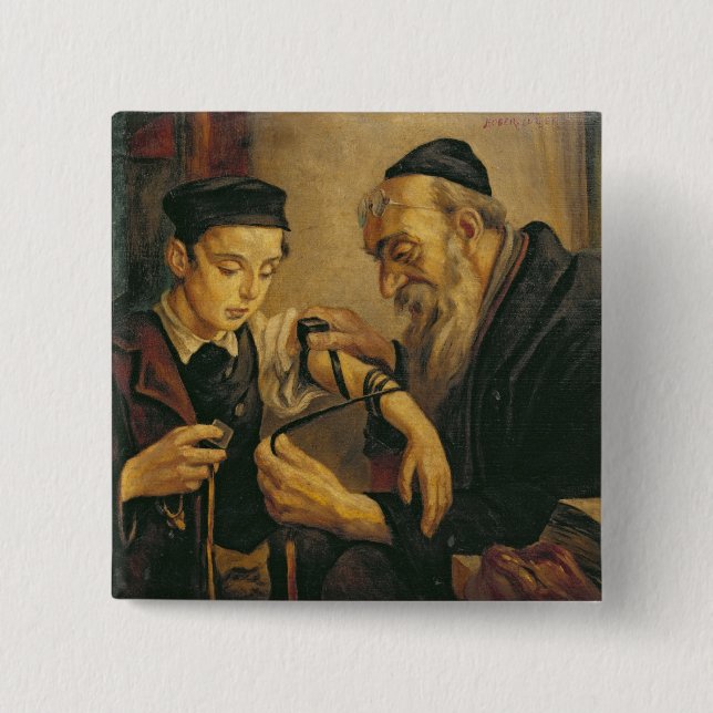 Macaron Carré 5 Cm Rabbin attachant les phylactères au bras d'un (Devant)