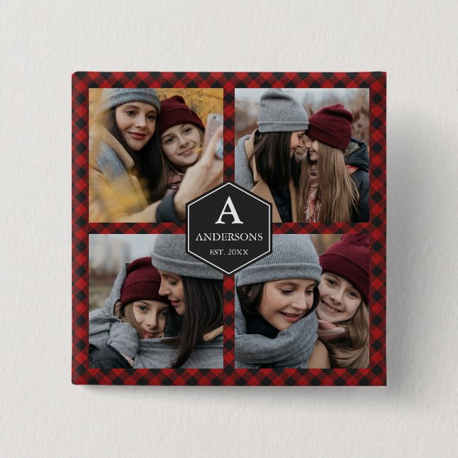 Macaron Carré 5 Cm Red Buffalo Plaid Lumberjack Family Photo Collage (Devant)