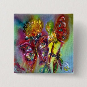 Macaron Carré 5 Cm RED BUTTERFLIES ON YELLOW THISTLES,BLUE SKY Floral