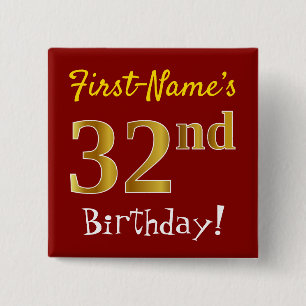 Macaron Carré 5 Cm Red, Faux Gold 32nd Birthday, With Custom Name