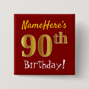 Macaron Carré 5 Cm Red, Faux Gold 90th Birthday, With Custom Name