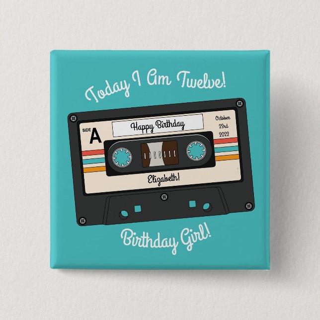 Macaron Carré 5 Cm Retro 80's 90's Cassette Musique Anniversaire (Devant)