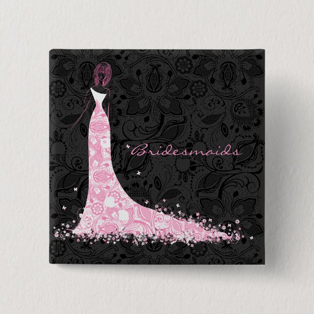 Macaron Carré 5 Cm Robe noire blanche et rose Mariage & dentelle Vint (Devant)