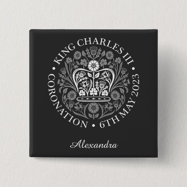 Macaron Carré 5 Cm Roi Charles III Nom personnalisé Logo blanc (Devant)