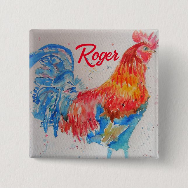 Macaron Carré 5 Cm Rooster rouge aquarelle peinture art poulet (Devant)