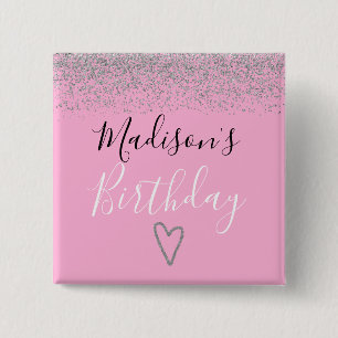 Macaron Carré 5 Cm Rose Pailleté Argent Anniversaire Fille