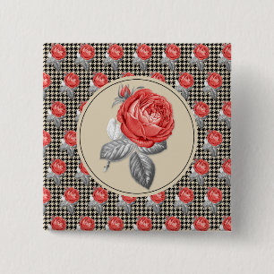 Macaron Carré 5 Cm Roses roses vintage et motif pied-de-poule