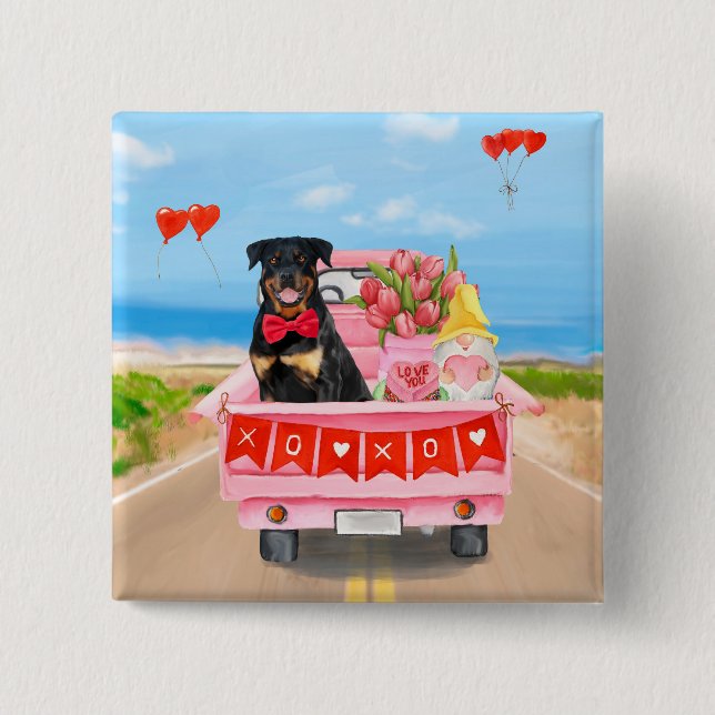 Macaron Carré 5 Cm Rottweiler Chien Saint Valentin Coeurs de Camion (Devant)