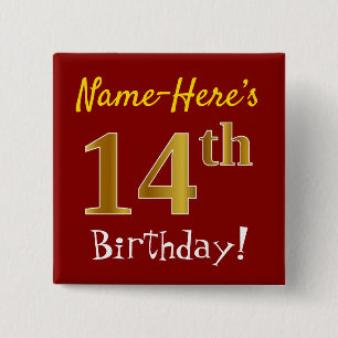 Macaron Carré 5 Cm Rouge, Faux Gold 14ème Anniversaire, Avec Nom Pers