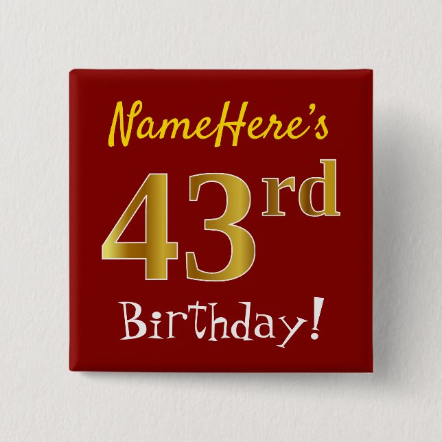Macaron Carré 5 Cm Rouge, Faux Gold 43e anniversaire, avec nom person (Devant)