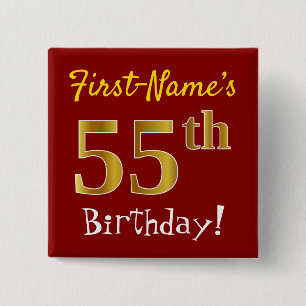 Macaron Carré 5 Cm Rouge, Faux Gold 55e anniversaire, avec nom person