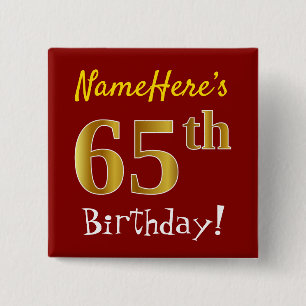 Macaron Carré 5 Cm Rouge, Faux Gold 65e anniversaire, avec nom person