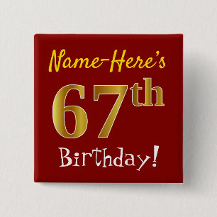 Macaron Carré 5 Cm Rouge, Faux Gold 67e anniversaire, avec nom person