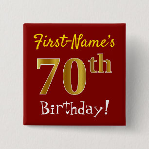 Macaron Carré 5 Cm Rouge, Faux Gold 70e Anniversaire, Avec Nom Person