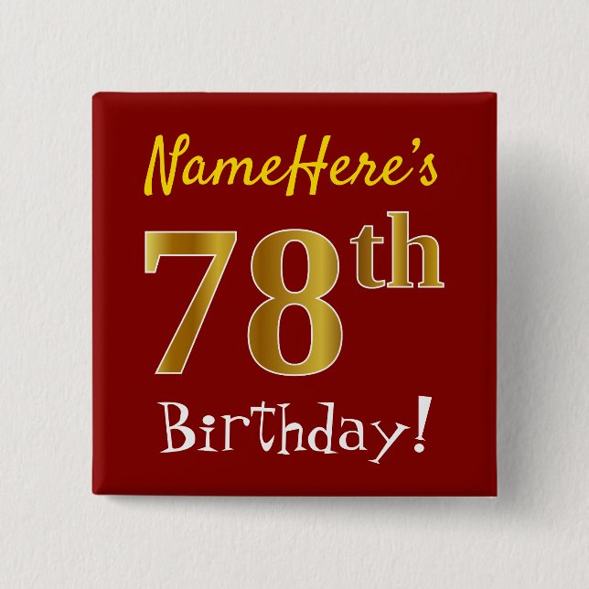 Macaron Carré 5 Cm Rouge, Faux Gold 78e anniversaire, avec nom person (Devant)