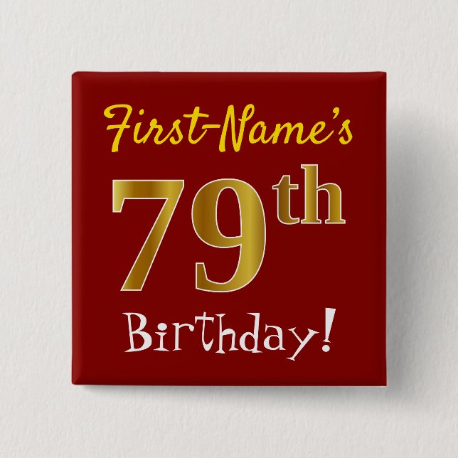 Macaron Carré 5 Cm Rouge, Faux Gold 79e Anniversaire, Avec Nom Person (Devant)