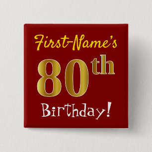 Macaron Carré 5 Cm Rouge, Faux Gold 80e anniversaire, avec nom person