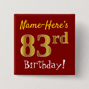 Macaron Carré 5 Cm Rouge, Faux Gold 83e anniversaire, avec nom person