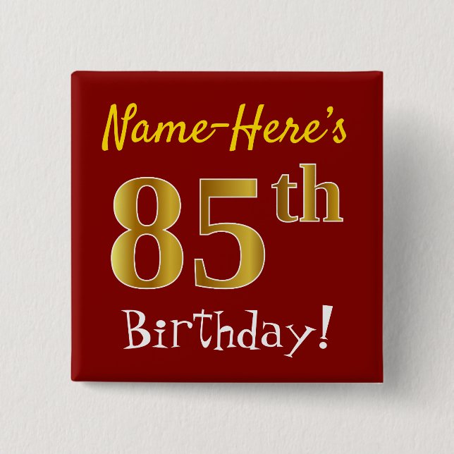 Macaron Carré 5 Cm Rouge, Faux Gold 85e anniversaire, avec nom person (Devant)