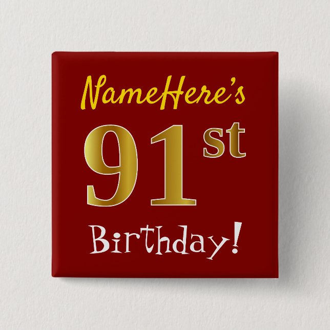 Macaron Carré 5 Cm Rouge, Faux Gold 91ème Anniversaire, Avec Nom Pers (Devant)